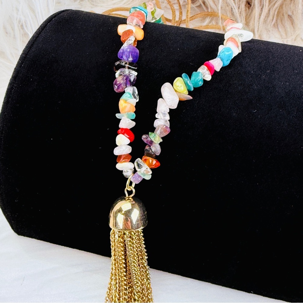Vintage Multicolor Chip Bead Tassel Pendant Necklace